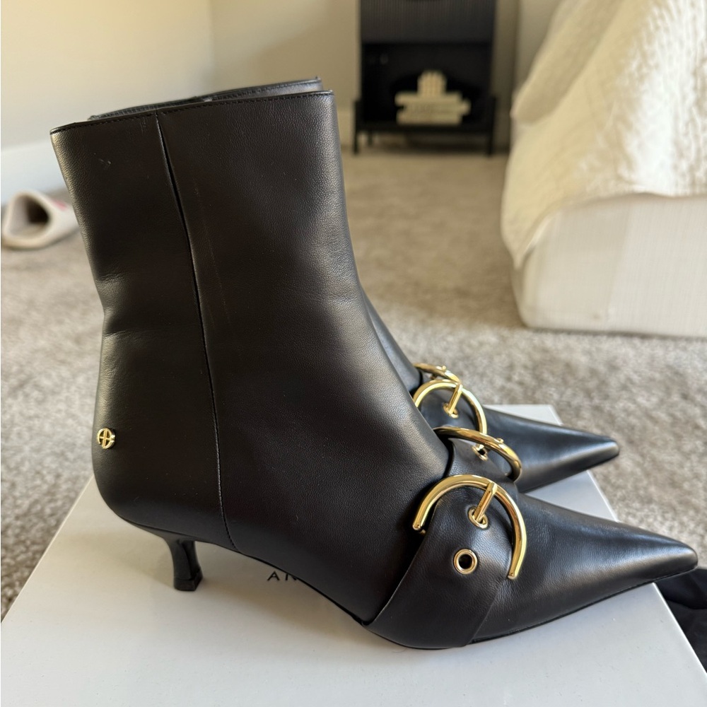 Anine Bing Black Ankle Boots with Gold Buckles